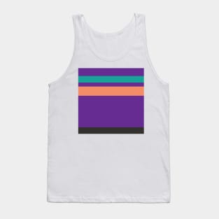 A singular confection of Light Red Ochre, Faded Orange, Christmas Purple, Blue/Green and Dark Grey stripes. Tank Top